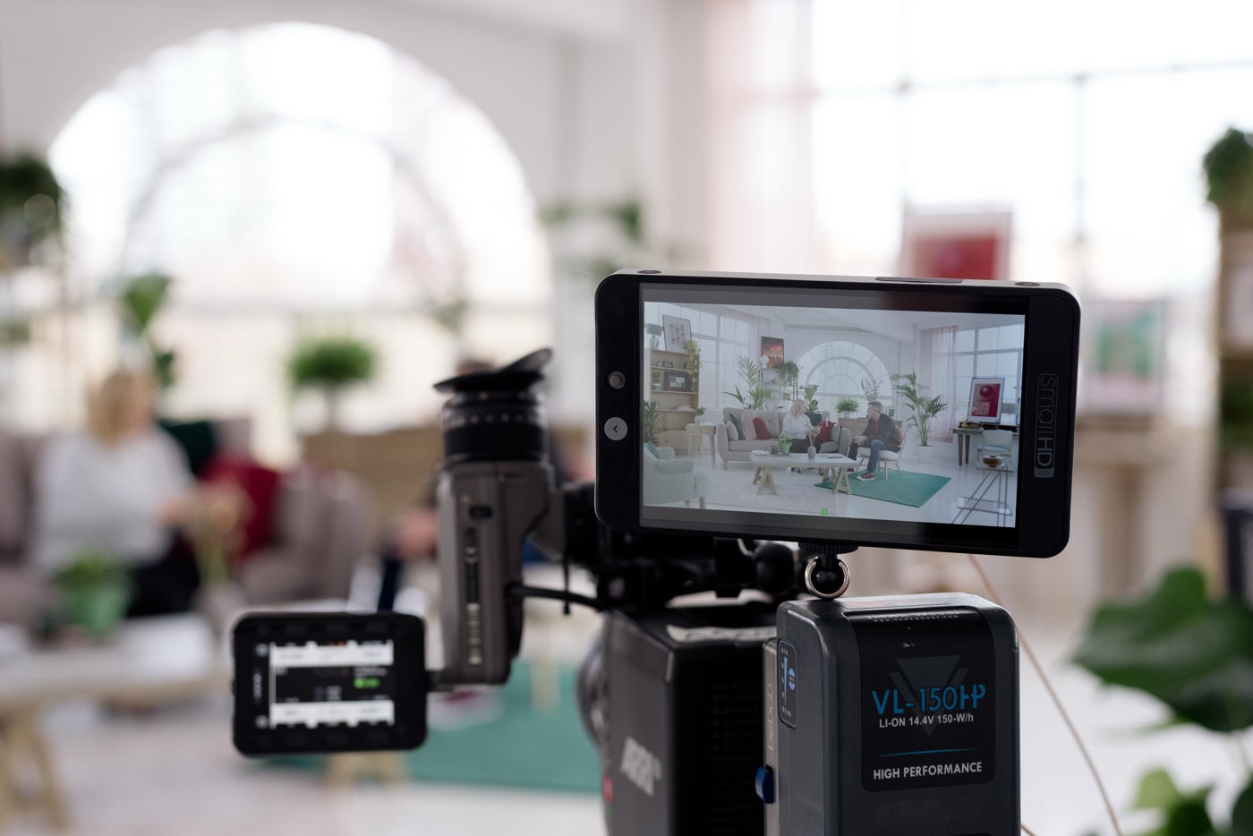 Camera monitor framing a Humans of Business interview set